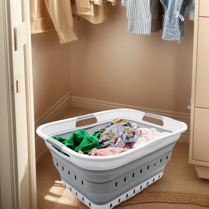 SAMMART 42L (11 gallon) Collapsible Plastic Laundry Basket - Foldable Pop Up Storage Container/Organizer - Space Saving Hamper/Basket (1, White/Grey)
