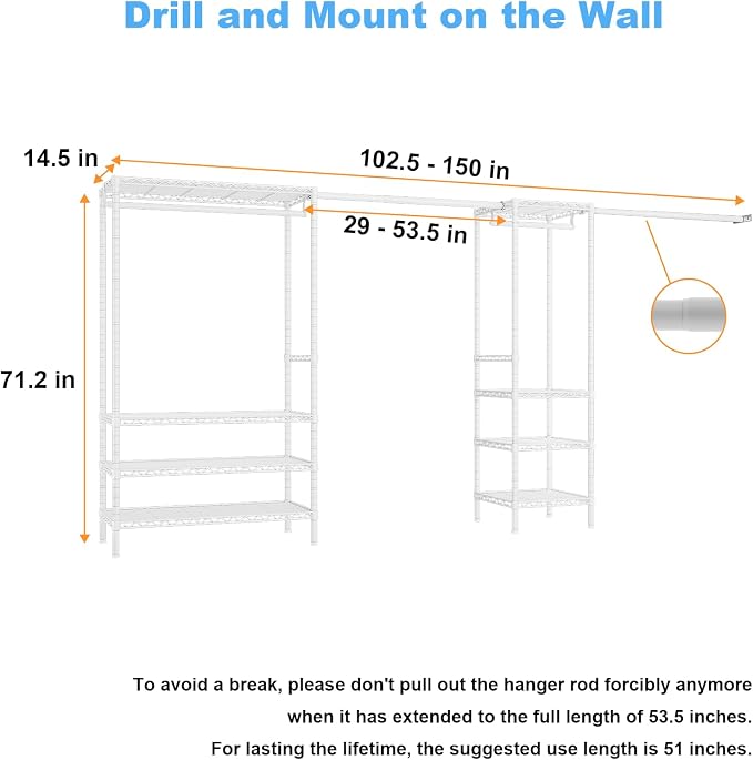 Ulif E11 Heavy-Duty Garment Rack, Metal Clothes Rack, Load 1034lbs, White | Freestanding Expandable Closet Storage Organizer System with 8 Shelves and 4 Hanger Rods, (73.2-97.6)"W x 14.5"D x 71.2"H