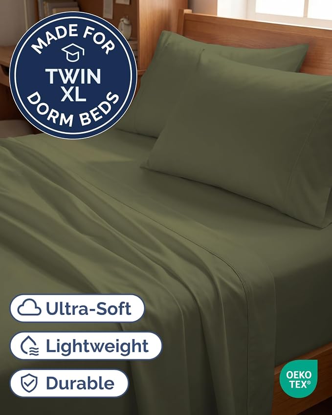 Twin XL 4 Piece Sheet Set - College Dorm Room Essentials - Sage Green | Ultra Soft Dorm Bedding Set, 8" to 16" Inch Deep Pockets, 1 Flat & 1 Fitted Sheet & 2 Pillowcases, Wrinkle & Fade Free