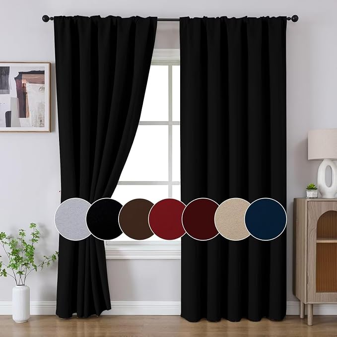 Joydeco 72 Inch Blackout Curtains for Bedroom, Thermal Insulated Black Out Curtains, Room Darkening Drapes for Living Room Window Rod Pocket Back Tab (W37 x L72 Inch, Black)