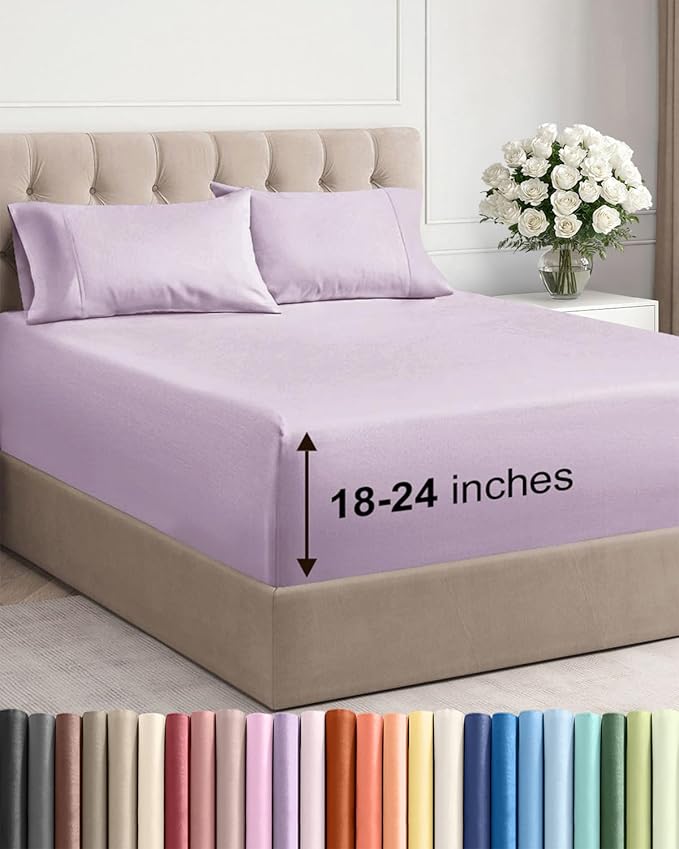 Extra Deep Queen Sheet Set - 4 Piece Breathable & Cooling - Light Lavender | Easily Fits 18 to 24 inch Mattress - Ultra Soft, Wrinkle & Fade Free with Extra Deep Pockets - Comfy Hotel Luxury Bedding