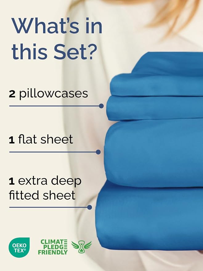 Extra Deep Full Sheet Set - 4 Piece Breathable Cooling Sheets - Denim Blue | Easily Fits 18 to 24 inch Mattress - Ultra Soft, Wrinkle & Fade Free with Extra Deep Pockets - Comfy Hotel Luxury Bedding