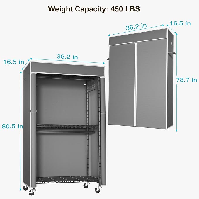 FUTASSI Black Clothing Rack with Dark Gray Cover, P1C Rolling Closets | Metal Garment Rack for Hanging Clothes, Clothing Storage Wardrobe, with Wheels