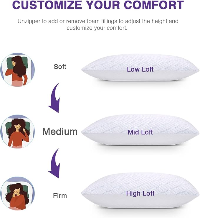 WISHSMILE Cooling Shredded Memory Foam Pillows Queen Size Set of 4 | Neck comfort, firm support, odorless, cooling, customizable height, machine washable, CertiPUR-US hypoallergenic bed pillow