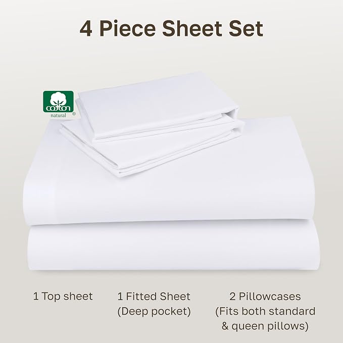 Soft Natural 100% Cotton Sateen Queen Sheets, 4 Pc Set, Bright White | Backed by Good Housekeeping Seal, Light & Breathable For Hot Sleepers, 14" Deep Pocket, All-Around Elastic, Durable