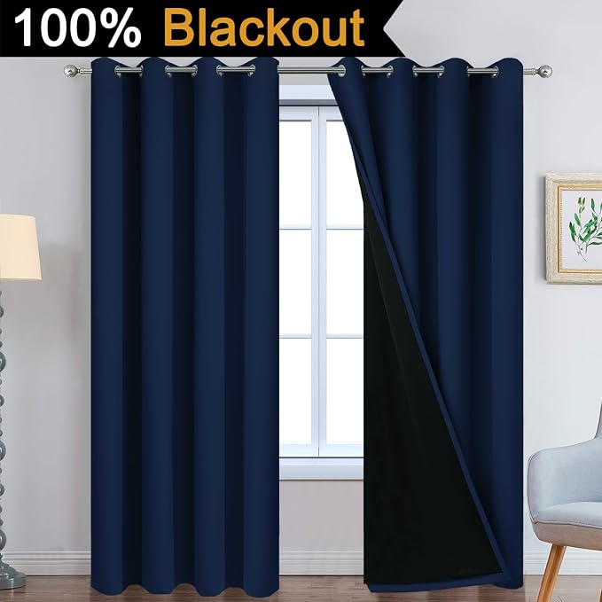 Yakamok Navy Blue 100% Blackout Curtains 90 Inches Long 52" Wide, 2 Panels | Blackout Curtain Panels for Bedroom, 2 Thick Layers Grommet Top Thermal Insulated Drapes with Black Liner for Living Room