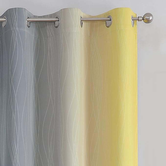 Yellow and Grey Ombre Blackout Curtains for Living Room 42Wx45L Inch Length | Estelar Textiler Room Darkening Gradient Curtains for Boys Bedroom,Thermal Insulated,Light Blocking Grommet Drapes,2 Panels