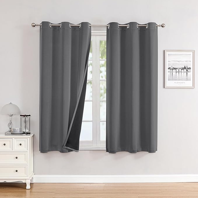 ChrisDowa 100% Blackout Curtains for Bedroom 63 Inches Long 2 Panels Set | 2 Thick Layers, Thermal Insulated, Light Blocking, Grommet, Window Treatment, Living Room Drapes, Grey, 38 x 63 Inch