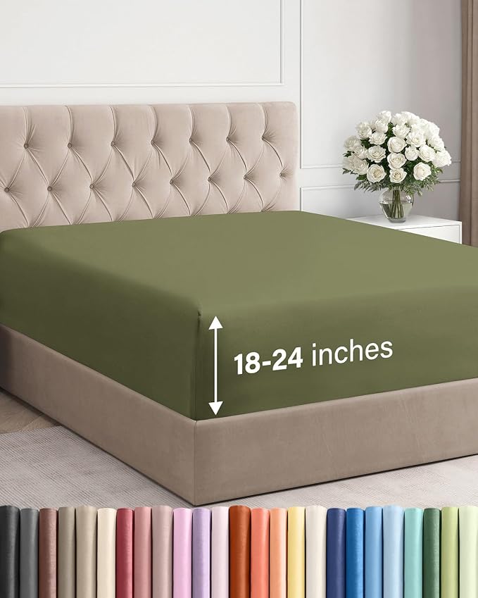 Extra Deep King Fitted Sheet - Single Fitted Sheet Only - Sage Green | Easily Fits 18 inch to 24 inch Mattress, Soft, Wrinkle Free, Breathable & Comfy, Extra Deep Pockets Hotel Luxury Fitted Sheet