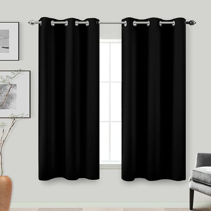 KOUFALL Blackout Curtains 50 Inches Long, Room Darkening Soundproof Short Window Curtains for Bedroom Living Room, 34" W x 50" L 2 Panels, Black