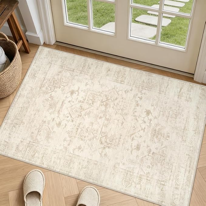 Washable Area Rugs 2x3: Living Room Bedroom Carpet Beige/Brown | Vintage Boho Indoor Decor Soft Small Entryway Throw Neutral Kitchen Bathroom Laundry Floor Non-Slip Low Pile Entrance Rug
