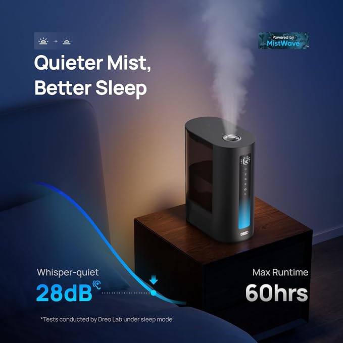 DREO 6L Smart Humidifiers for Bedroom, Warm & Cool Mist for Large Room | 60-Hour Quiet Runtime, 500ML/H Output, Smart Humidity Sensor, Indicator Light, App Control, Works with Alexa & Google, Black