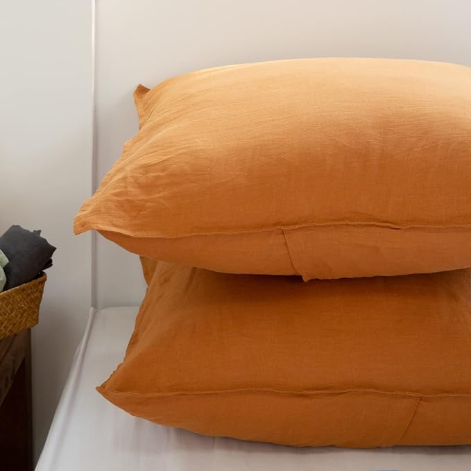 Simple&Opulence 100% Washed Linen Euro Shams 26'' x 26'' Pack of 2, Basic Style Solid Color Natural Flax Farmhouse Decorative Square Throw Pillow Covers for Bed Couch Sofa - Rust