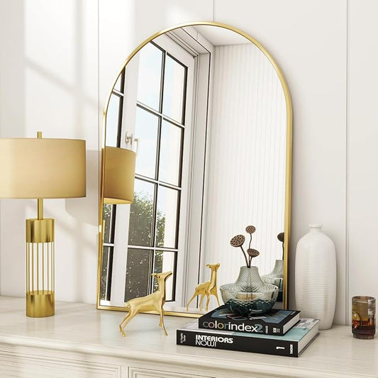 Arched Wall Mirror, 24 x 36 inch Arch Bathroom Mirror Gold | Wall Mounted Vanity Mirror with Arch Metal Frame, Modern Bathroom Vanity Mirror for Bedroom, Living Room, Hanging or Leaning