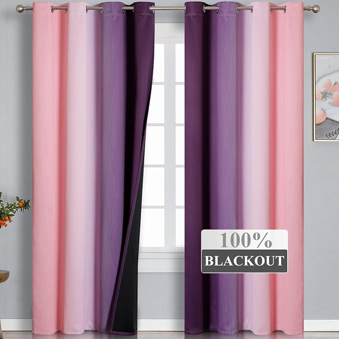 Pink and Purple Ombre Blackout Curtains for Girls Bedroom 96 Inches Long | Estelar Textiler Kids Room Darkening Curtains,Light Blocking,Grommet Thermal Insulated Gradient Drapes,52Wx96L Inch, 2 Panels
