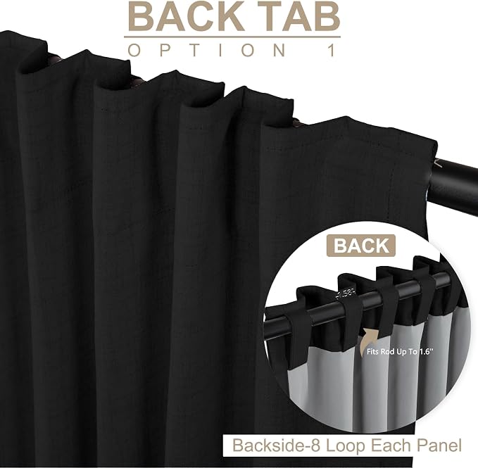 Linen Textured Total Blackout Sliding Door Curtains 96 Inches Long, Black | 100% Blackout Shield Back Tab/Rod Pocket Sliding Door Curtains, Thermal Insulated Curtains 1 Panel Set, 100"W x 96"L