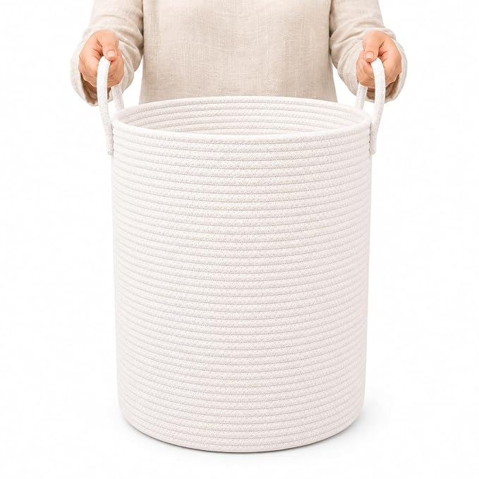 OrganiHaus Tall Cotton Rope Laundry Basket & Hamper, Blanket Storage 52L | Full Off-White - Tall Cotton Rope Hamper, 52L