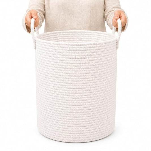 OrganiHaus Tall Cotton Rope Laundry Basket & Hamper, Blanket Storage 52L | Full Off-White - Tall Cotton Rope Hamper, 52L