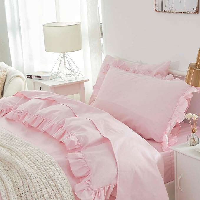 Brandream Kid's Duvet Cover Full/Queen Size,100% Organic Cotton 3Piece Girl Bedding Duvet Cover Set, Ruffled Fringe Solid Color Soft Breathable with Zipper Closure & Corner Ties(Pink)