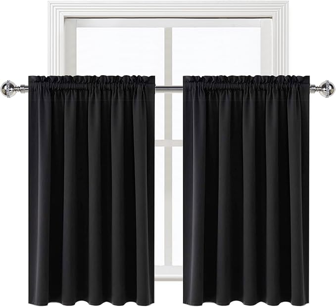 DWCN Short Blackout Curtains 52 x 36 Inch Long for Kitchen RV Bunk Black | 2 Panels Set, Kitchen Window Curtains Over Sink, Thermal Insulated, Light Blocking, Rod Pocket Drapes for Small Window