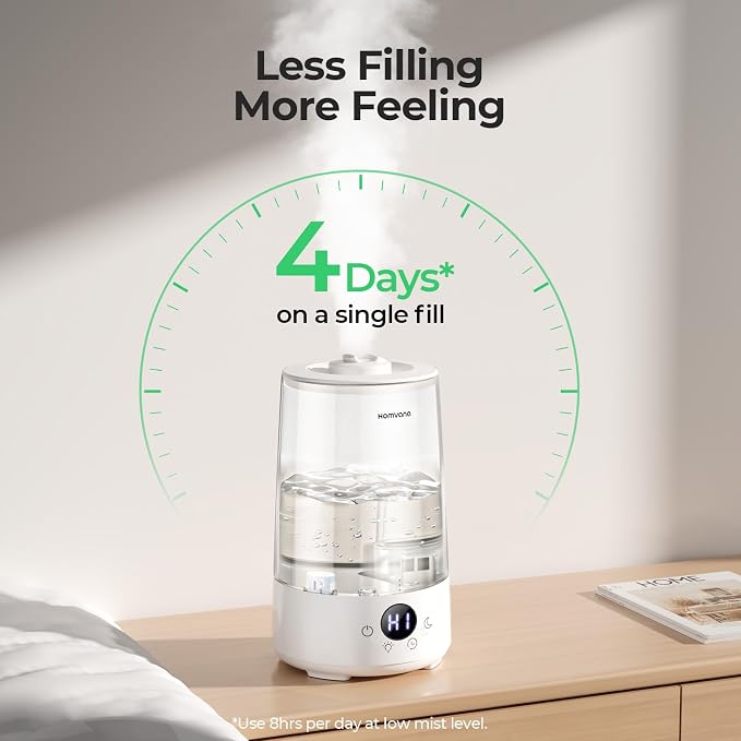 Homvana 3.6L Top-Fill Cool Mist Humidifiers for Bedroom, Large Room(Clear) | 23dB Quiet, Easy-to-Clean 2-in-1 Baby Humidifier & Oil Diffuser for Congestion Relief, Last for 4 Night (Transparent)