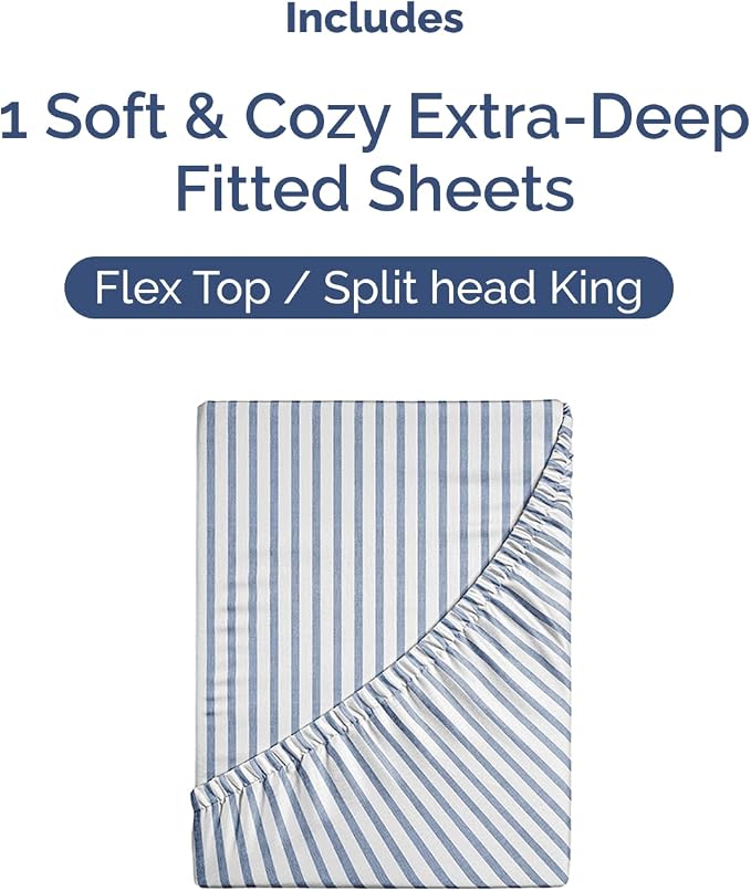 Extra Deep Flex Top Split Head King Fitted Sheet Only - Blue Stripes | Easily Fits 18 inch to 24 inch Mattress, Soft, Wrinkle Free, Breathable & Comfy, Extra Deep Pockets Hotel Luxury Fitted Sheet