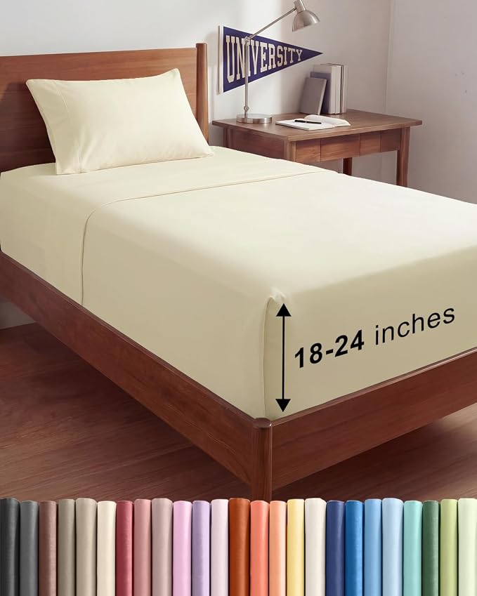 Extra Deep Twin XL Sheet Set - 3 Piece College Dorm Room - Off White | Soft, Breathable & Cooling, Easily Fits 18 to 24 inch Mattress, Wrinkle Free & Fade Resistant with Extra Deep Pockets