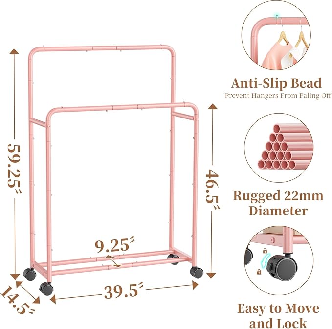 Simple Trending Clothing Clothes Rack, Double Rod Garment Rack, Pink | Portable Closet with Bottom Shelf, Anti-Slip Stoppers, 360° Lockable Wheels, Multiple Uses, Bedroom, Laundry Room