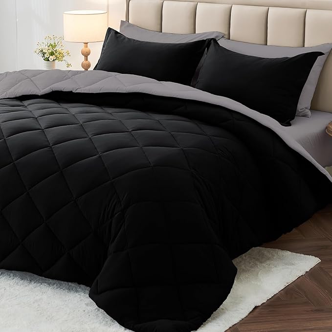 7 Pieces King Comforter Set, Reversible Bed in a Bag King Size, All Season Bedding Set with Comforter, Flat Sheet, Fitted Sheet, Pillowcases & Shams, Black & Soot