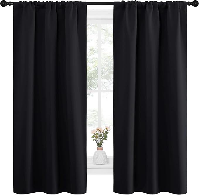 NICETOWN Black Blackout Curtains for Kitchen 34" Wide x 63" Long 2 Panels | Energy Smart Decoration Thermal Insulating Drapes Draperies for Small Window, Light Blocking Noise Reducing Treatment Decor