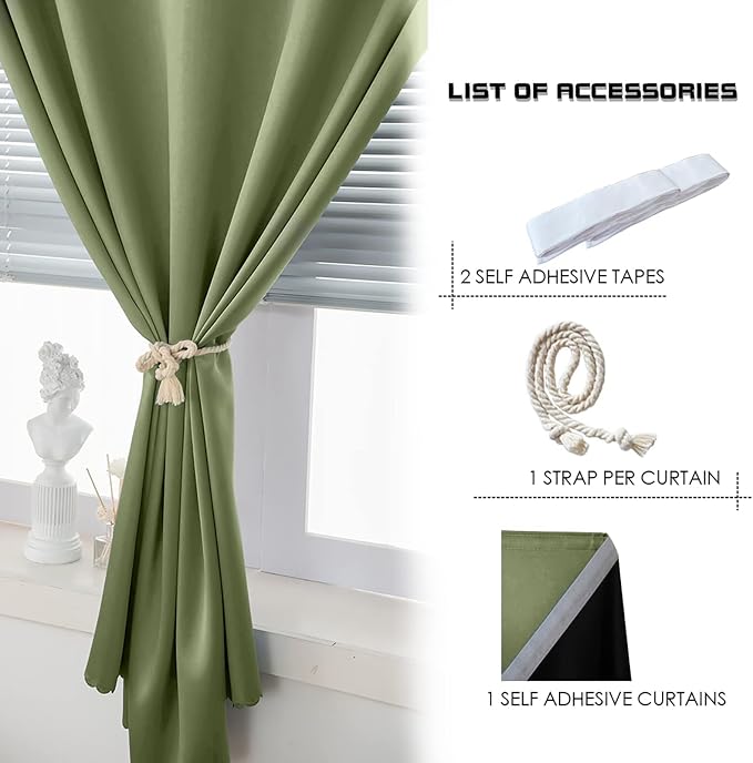 AJAZZ 100% Blackout Stick Curtain Portable Black Out Curtains Adhesive Curtains for Bedroom Living Room No Drilling (Sage Green, 47" W x 59" L 1 Panel)
