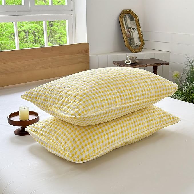 NSNLGSGC Yellow Gingham Queen Summer Bedspread Quilt Set | Pre-washed Microfiber,Lightweight Checked Grid Bedding Coverlets for All Seasons