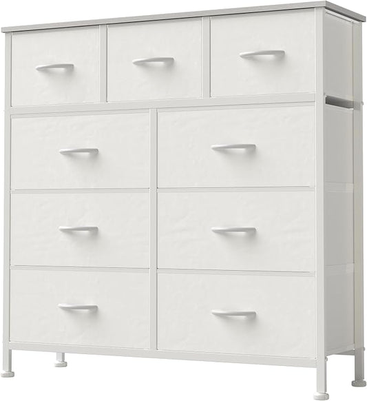 DUMOS 9 Drawer Dresser for Bedroom, Storage Organizer Chest of Drawers | Fabric Bins Storage Tower with Sturdy Metal Frame, Wood Tabletop for Closet, White