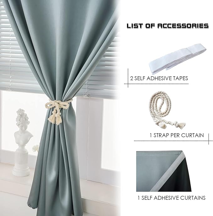 AJAZZ Self Adhesive Curtains 100% Blackout Shades Window Cover Sticky Curtain Portable Easy Open Black Out Curtains for Bedroom Living Room No Drilling (Silver Grey, 59" W x 96" L 1 Panel)
