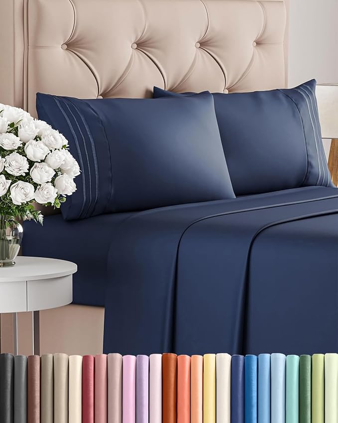 Queen Size 4 Piece Sheet Set - Breathable & Cooling Sheets - Navy Blue | Hotel Luxury Bed Sheets for Women & Men, Deep Pockets, Easy-Fit, Extra Soft and Wrinkle Free Sheets, Oeko-Tex Bed Sheet Set
