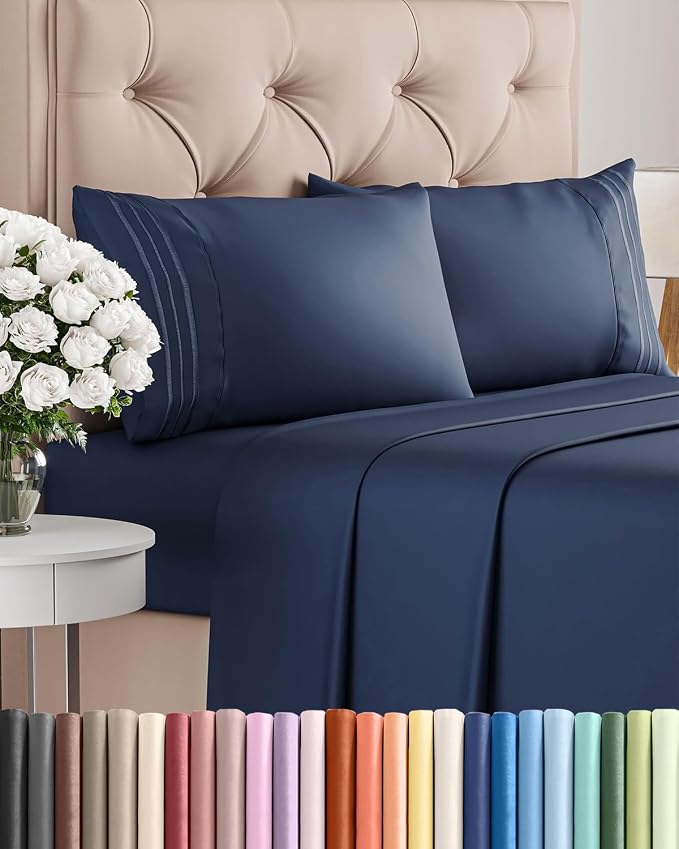 Cal King Size 4 Piece Sheet Set - Breathable & Cooling Sheets - Navy Blue | Hotel Luxury Bed Sheets for Women & Men, Deep Pockets, Easy-Fit, Extra Soft & Wrinkle Free Sheets, Oeko-Tex Bed Sheet Set