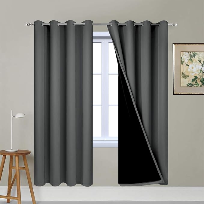 Yakamok Dark Grey 100% Blackout Curtains 72 Inches Long 52" Wide 2 Panels | Blackout Curtain Panels for Bedroom, 2 Thick Layers Grommet Top Thermal Insulated Drapes with Black Liner for Living Room