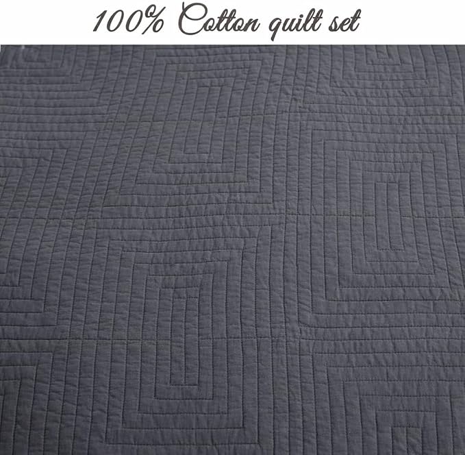Cozy Line Home Fashions 100% Cotton Quilt Set, Charcoal Gray, Queen | 3-Piece, Geometric Basketweave Quilted Bedspread with Shams, Lightweight, All Season, Modern Bedding