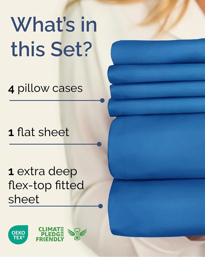 Extra Deep Flex Top Split Head King Sheet Set - 6 Piece Breathable and Cooling Sheets - Hotel Luxury Bedding for Women, Men, Kids & Teens - Easy Secure Fit - Extra Deep Pockets - Royal Blue
