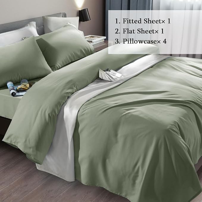SONORO KATE Bed Sheet Set Super Soft Microfiber 1800 Series Luxury Egyptian Sheets Fit 18-24 Inch Deep Pocket Mattress Wrinkle-6 Piece (Sage, Queen)