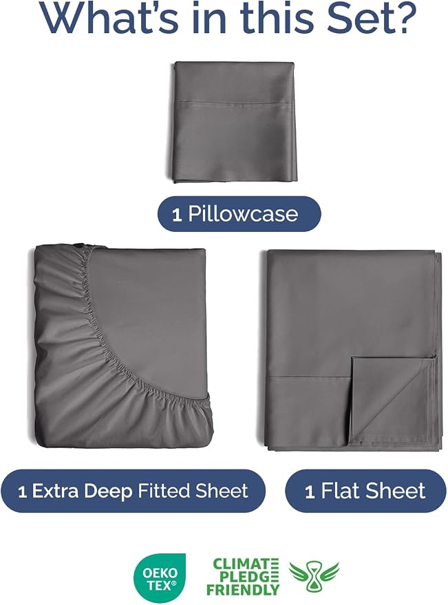 Extra Deep Twin Sheet Set - 3 Piece Breathable & Cooling Sheets - Dark Grey | Easily Fits 18 to 24 inch Mattress - Ultra Soft, Wrinkle & Fade Free with Extra Deep Pockets - Comfy Hotel Luxury Bedding