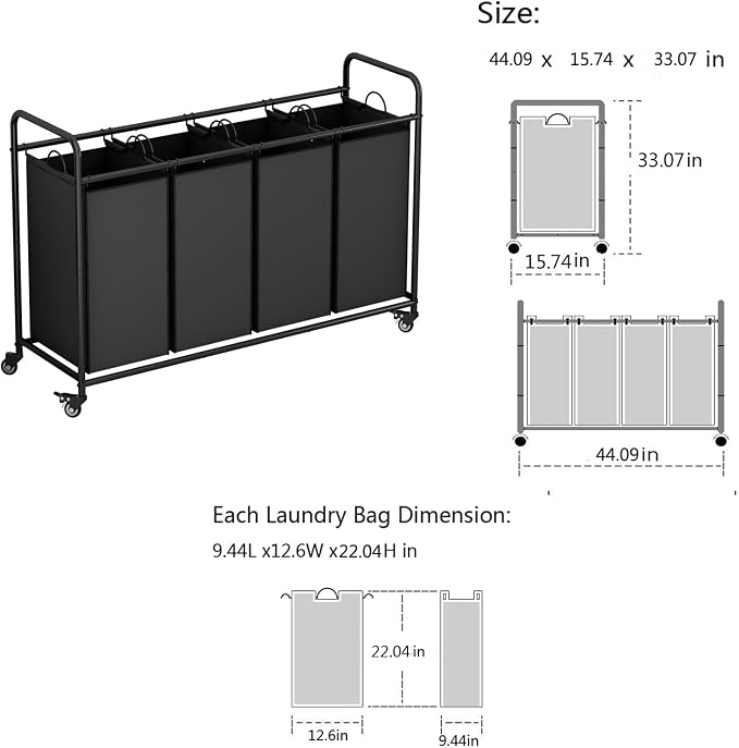 4 Section Laundry Hamper, Black Rolling Laundry Basket, 180L Laundry Sorter | Laundry Room Organization with Heavy Duty Rolling Lockable Wheels and Removable Bag, Bedroom Laundry Cart for Clothes Storage