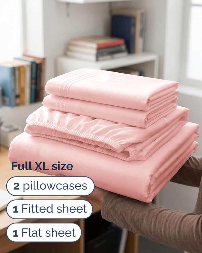 Full XL Sheets - 4 Piece Full XL Sheet Set - Cool & Breathable - Baby Pink | Hotel Luxury Bedding for Women & Men with Deep Pockets, Ultra-Soft, Comfy, Easy-Fit, Wrinkle Free & Fade Resistant, Oeko-Tex