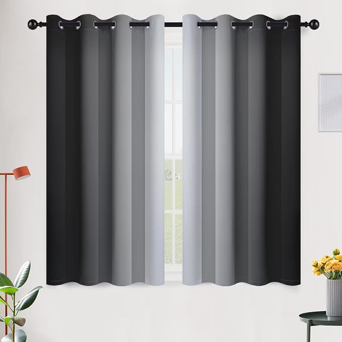 SimpleHome Ombre Black to Grey White Curtains for Living Room 52Wx45L | Room Darkening Curtains for Bedroom,Gradient Light Blocking Curtain,Thermal Insulated Grommet Window Drapes,2 Panels,45 Inch