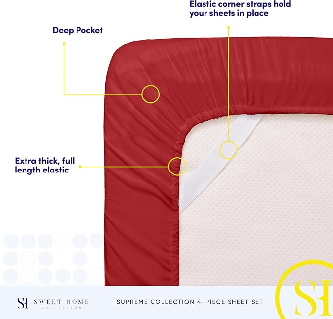 Twin XL Sheets - Breathable Luxury Sheets with Full Elastic & Secure Corner Straps Built In - 1800 Supreme Collection Extra Soft Deep Pocket Bedding Set, Sheet Set, Twin XL, Red
