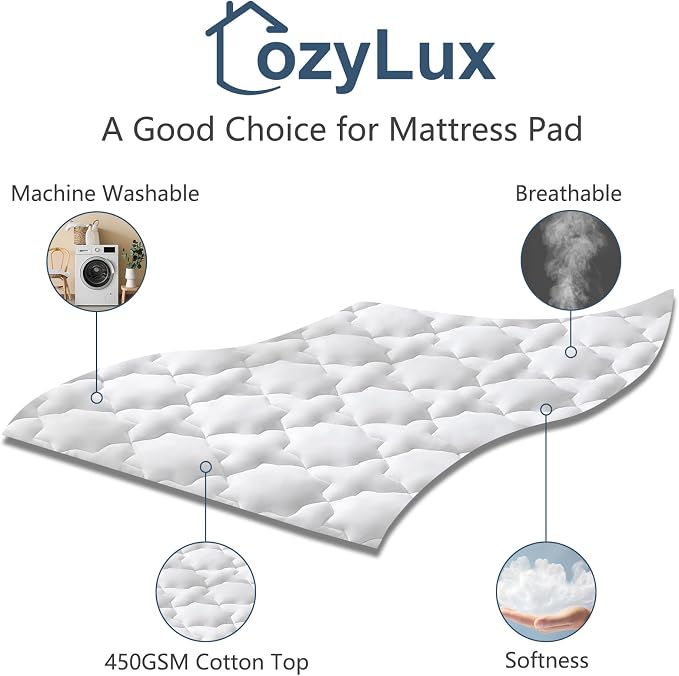 CozyLux Queen Mattress Pad, 450GSM Quilted Cooling Cotton Top Mattress Topper, Extra Deep Pocket Fits 8-21 inches, Oeko-TEX Certified, Plush Soft & Breathable Bed Pad (60"x80", White) (Pack of 2)