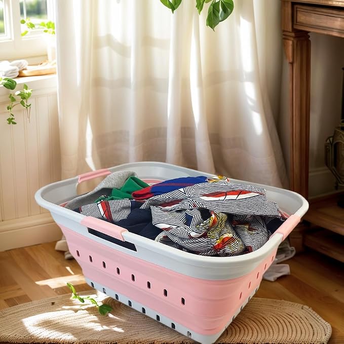 SAMMART 42L (11 gallon) Collapsible Plastic Laundry Basket - Foldable Pop Up Storage Container/Organizer - Space Saving Hamper/Basket (1, Grey/Quartz Pink)