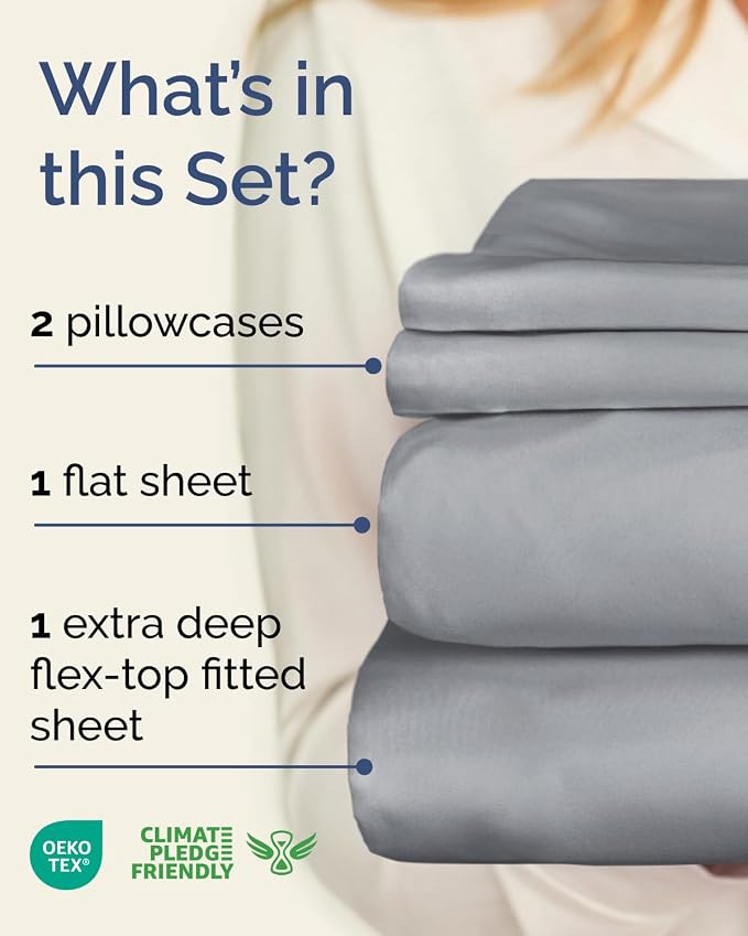 Flex Top Split Head King Sheet Set - 4 Piece Extra Deep Sheets - Steel Blue | Easily Fits 18 to 24 inch Mattress, Ultra Soft, Wrinkle & Fade Free with Extra Deep Pockets, Comfy Hotel Luxury Bedding