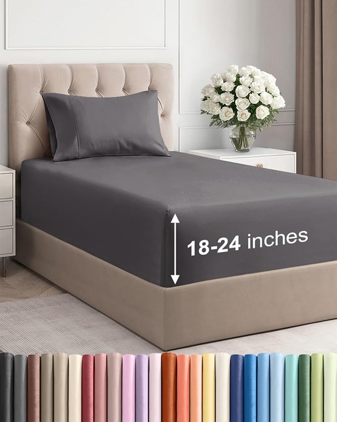 Extra Deep Twin Sheet Set - 3 Piece Breathable & Cooling Sheets - Dark Grey | Easily Fits 18 to 24 inch Mattress - Ultra Soft, Wrinkle & Fade Free with Extra Deep Pockets - Comfy Hotel Luxury Bedding