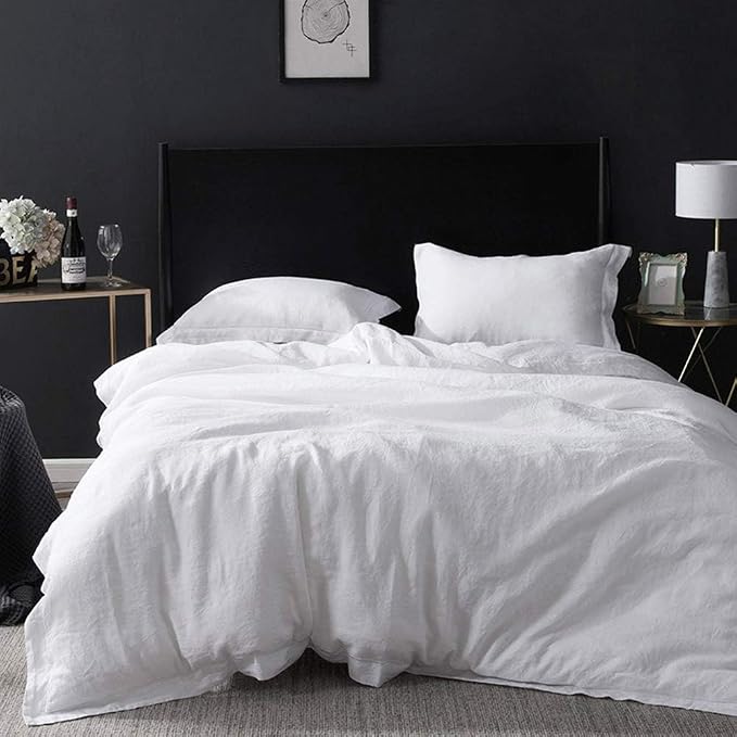 Simple&Opulence 100% French Flax Linen Duvet Cover Set with Embroidery Washed - 3 Pieces (1 Duvet Cover with 2 Pillow Shams) with Button Closure Soft Breathable Farmhouse - White, King Size